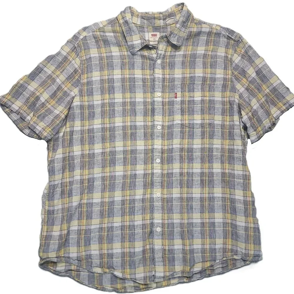 Levis Linen Blend Button Up Short Sleeve Shirt Mens XXL Standard Plaid
